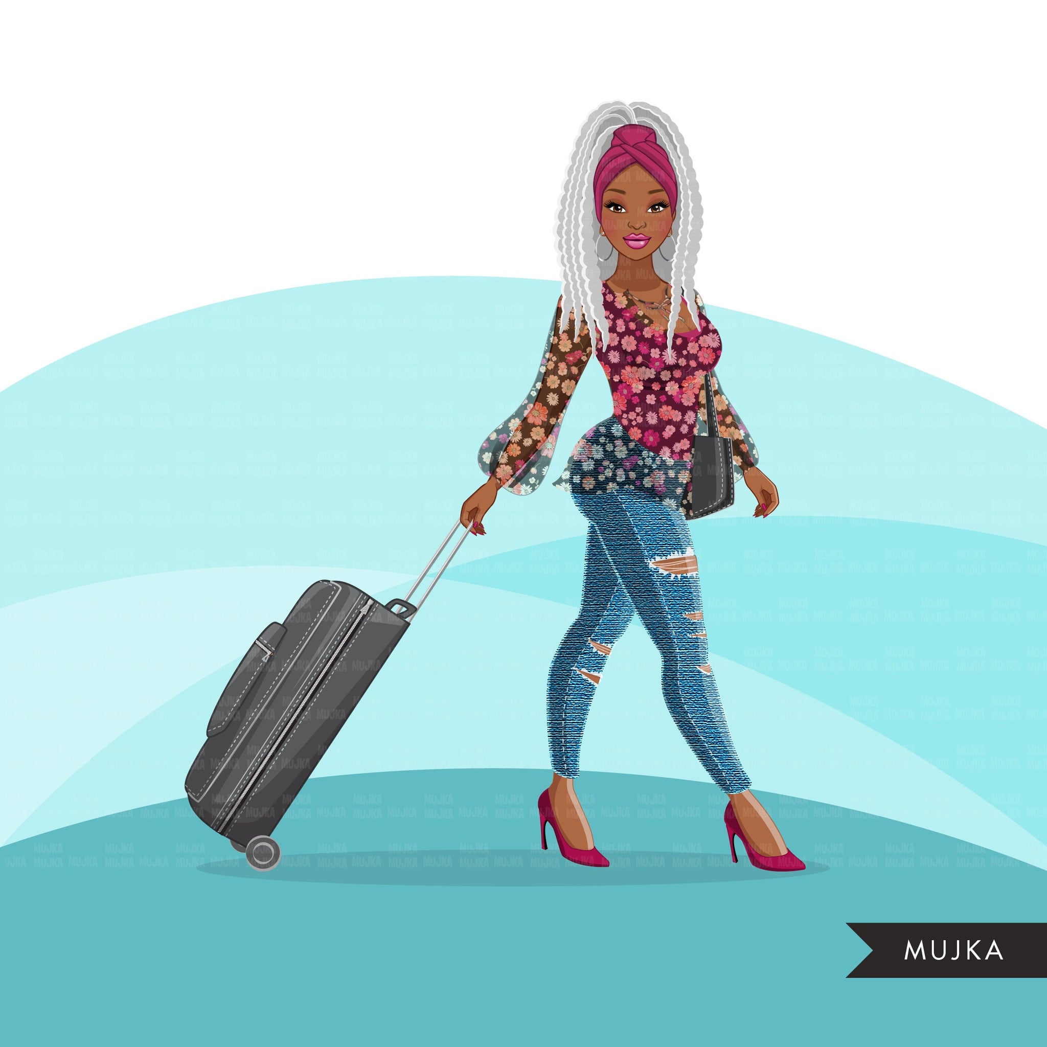Fashion Graphics, travel vacation suitcase, Black woman ponytail braids, Sublimation design for Cricut & Cameo, commercial use PNG clipart