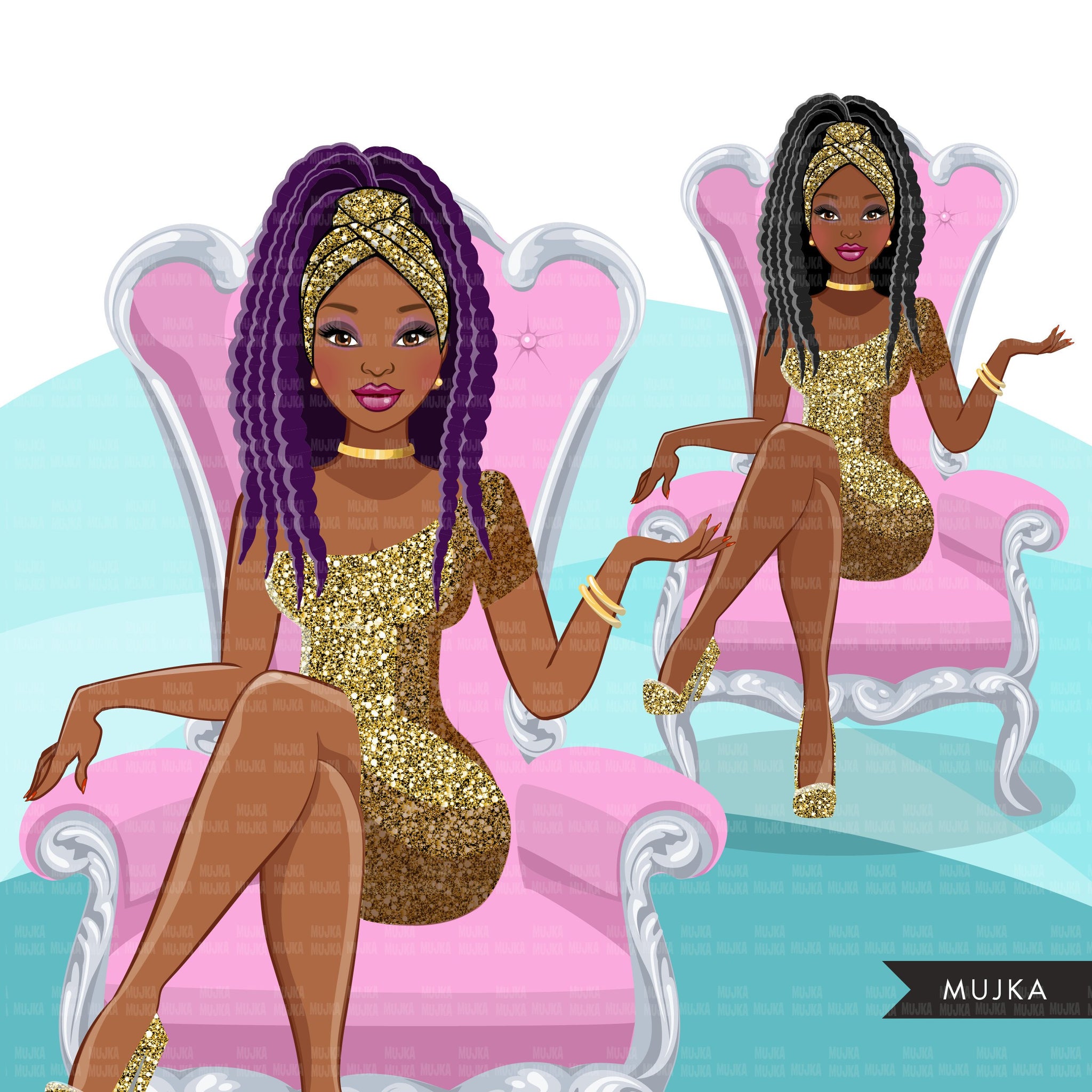 Fashion Graphics, Black Woman ponytail braids, pink throne, gold glitter, Sublimation designs for Cricut & Cameo, commercial use PNG clipart