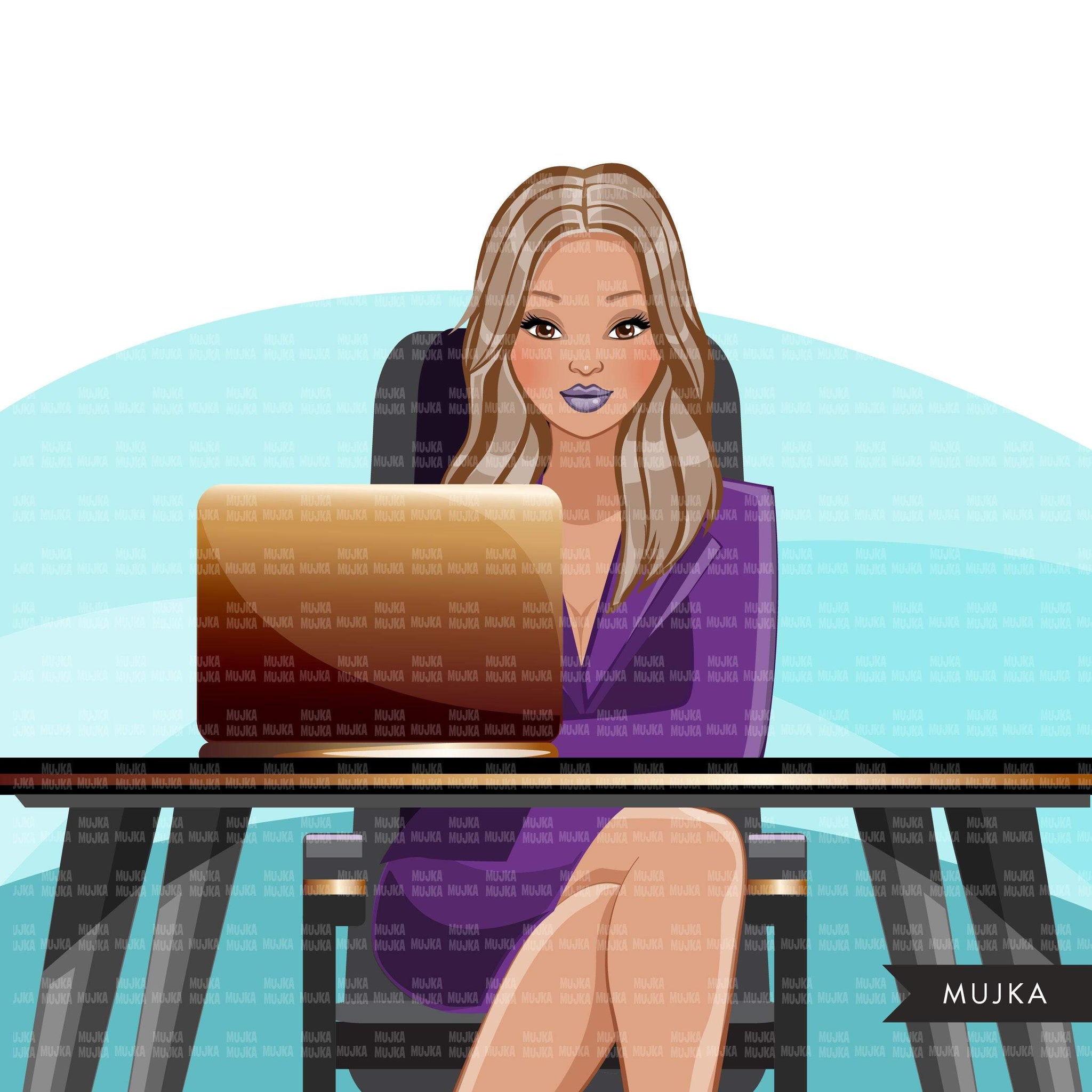 Fashion Graphics, Caucasian Business Woman with laptop, straight hair, Sublimation designs for Cricut & Cameo, commercial use PNG clipart