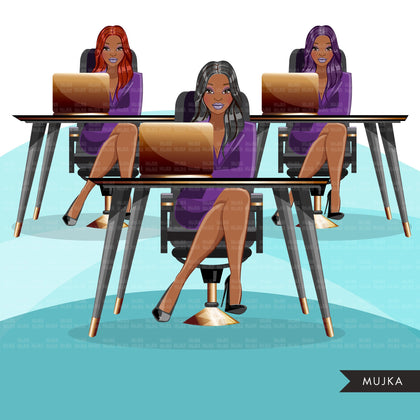 Fashion Graphics, Black Business Woman with laptop, long hair, Sublimation designs for Cricut & Cameo, commercial use PNG clipart