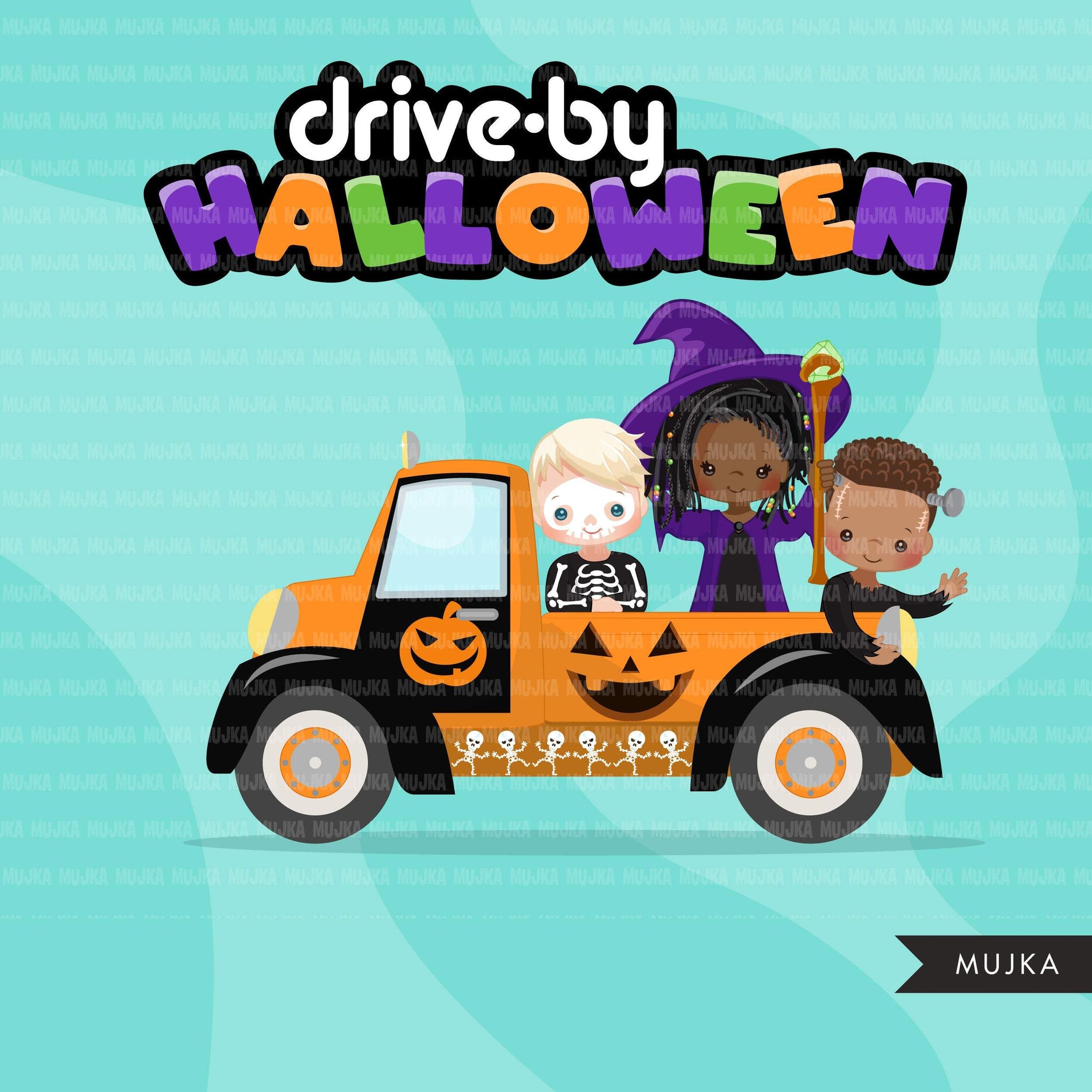 Drive by Halloween Party parade clipart, kids quarantine halloween party, drive through party truck, car graphics, PNG clip art, boys, girls