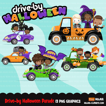 Drive by Halloween Party parade clipart, kids quarantine halloween party, drive through party truck, car graphics, PNG clip art, boys, girls