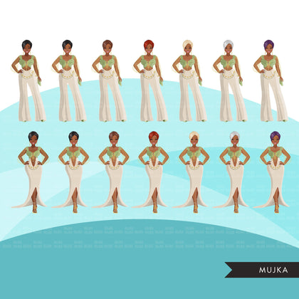 Fashion Graphics, Black Woman Green Cocktail dress, pixie hair, Sublimation designs for Cricut & Cameo, commercial use PNG clipart