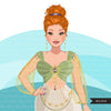 Fashion Graphics, Caucasian Woman Green Cocktail dress, updo, Sublimation designs for Cricut & Cameo, commercial use PNG clipart