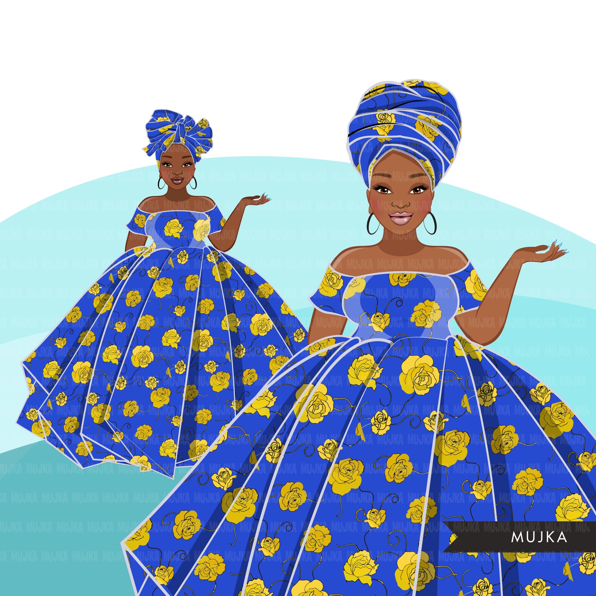 Ankara Fashion Graphics, royal blue and gold African dress, curvy black woman Sublimation designs for Cricut & Cameo, commercial use PNG clipart