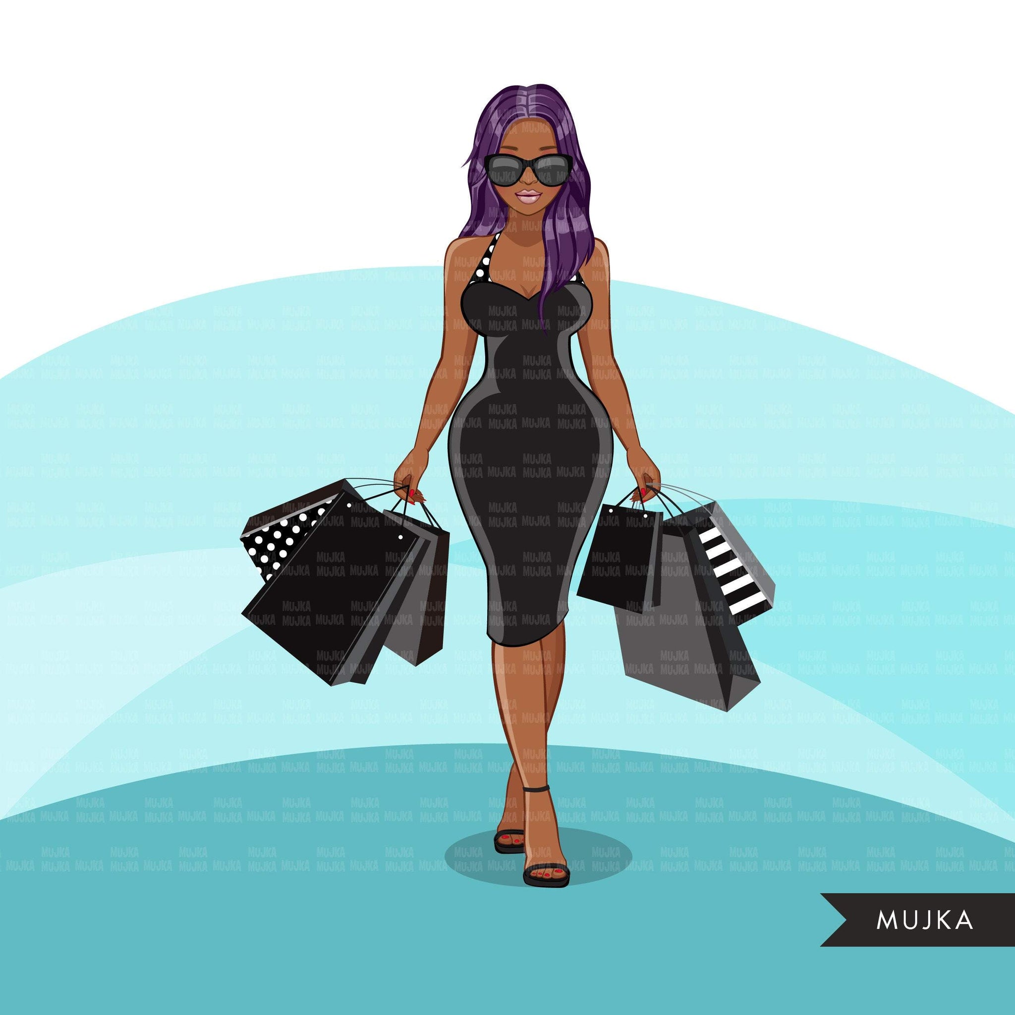 Gráficos de moda, compras de mulher negra, mulher afro, cabelos longos, designs de sublimação para Cricut &amp; Cameo, uso comercial PNG clipart