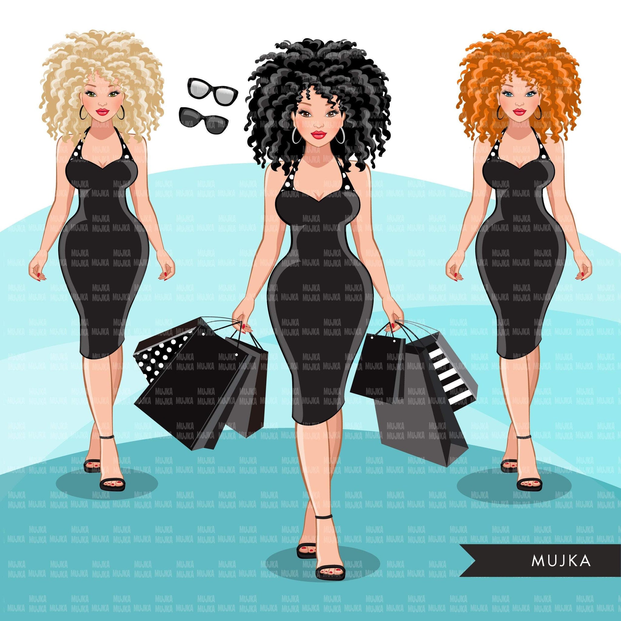 Instant Download Fashion Girl Shopping Bag Luxury Woman Digital Drawing  White Outfit Diffrent Hair Colors Clipart Set Planner Stickers 