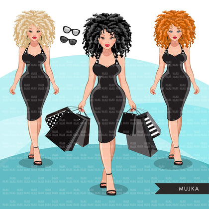 Fashion Graphics, Caucasian Woman shopping, polka dot dress, curly hair, Sublimation designs for Cricut & Cameo, commercial use PNG clipart
