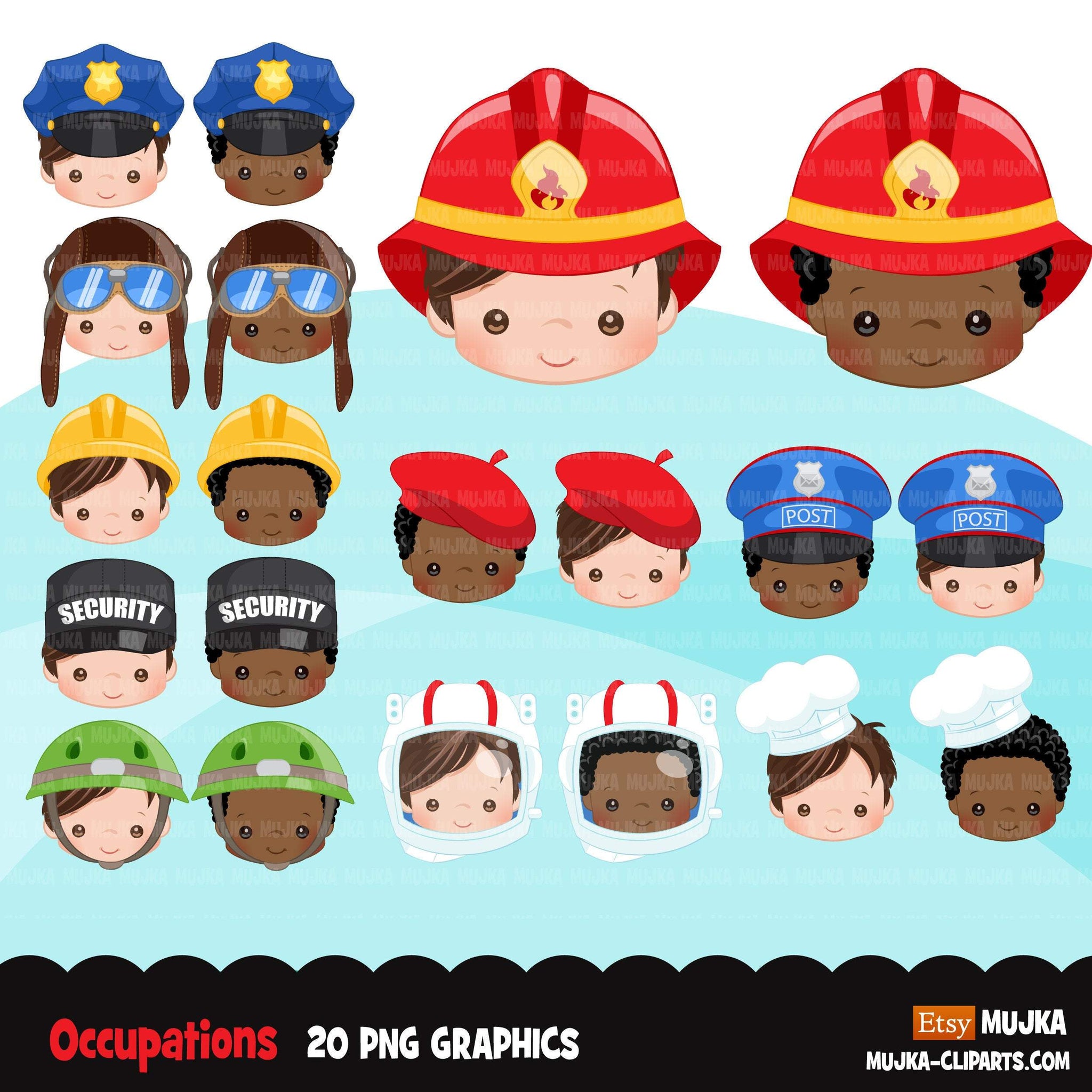 Occupations Clipart, profession graphics, firefighter, cop, chef, pilot, mailman, soldier sublimation graphics, black boys PNG clip art