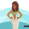 Fashion Graphics, Black Woman Green Cocktail dress, braids hair, Sublimation designs for Cricut & Cameo, commercial use PNG clipart