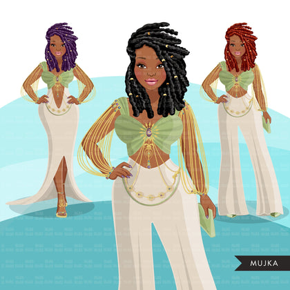 Fashion Graphics, Black Woman Green Cocktail dress, braids hair, Sublimation designs for Cricut & Cameo, commercial use PNG clipart