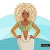 Fashion Graphics, Black Woman Green Cocktail dress, afro curly hair, Sublimation designs for Cricut & Cameo, commercial use PNG clipart
