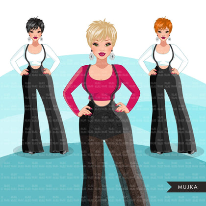 Fashion Graphics, Caucasian Woman jumpsuit, pixie hair, Sublimation designs for Cricut & Cameo, commercial use PNG clipart