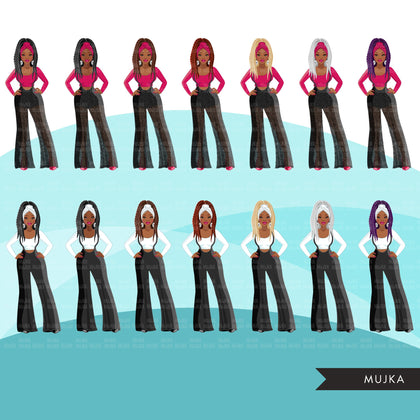 Fashion Graphics, Black Woman jumpsuit, long braids, Sublimation designs for Cricut & Cameo, commercial use PNG clipart