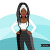 Fashion Graphics, Black Woman jumpsuit, long braids, Sublimation designs for Cricut & Cameo, commercial use PNG clipart