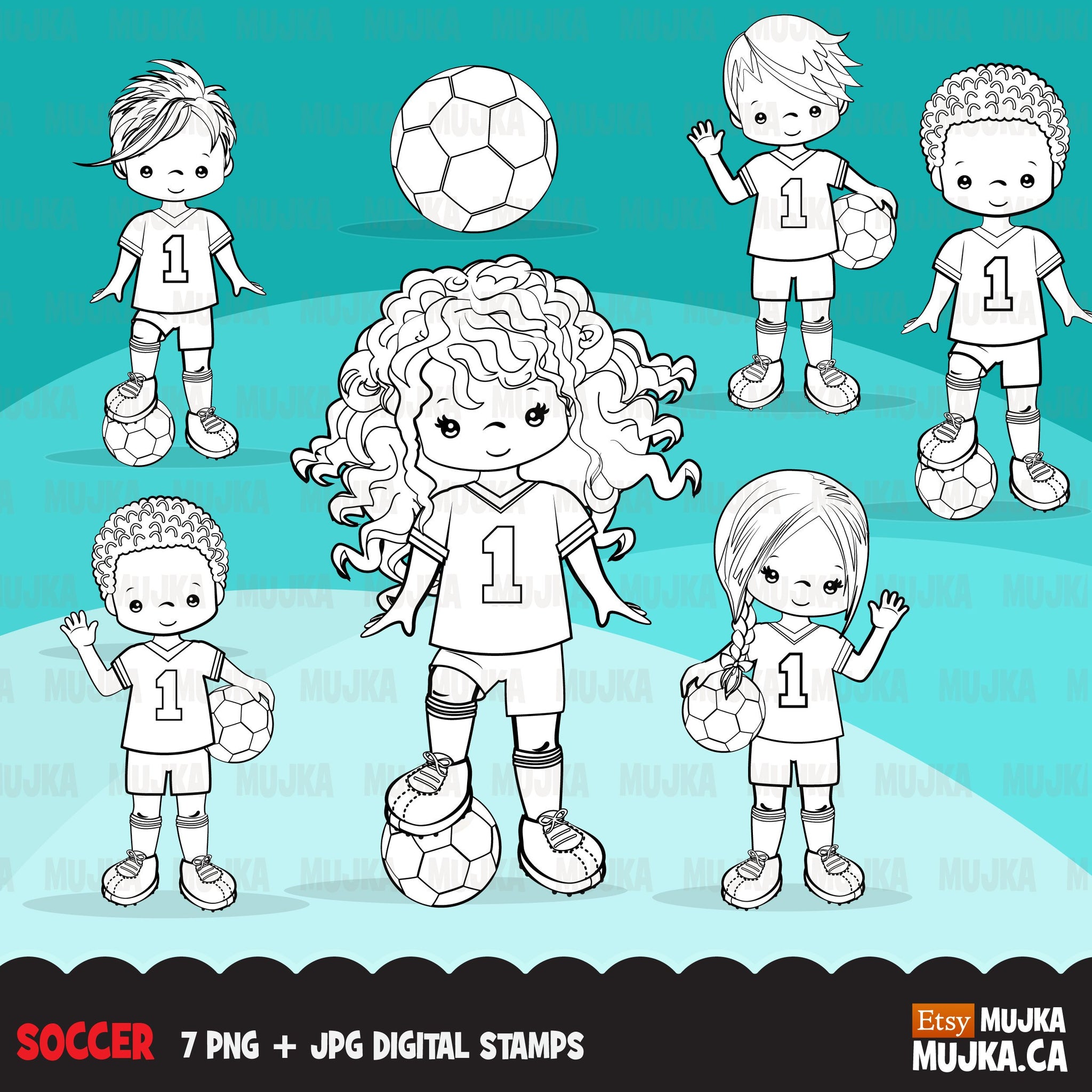 Soccer Clipart Bundle, playing soccer ball, sports, birthday party, boys & girls team jersey, clip art commercial use PNG graphics