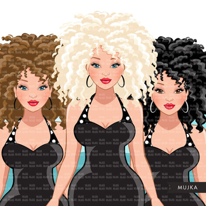 Fashion Graphics, Caucasian Woman shopping, polka dot dress, curly hair, Sublimation designs for Cricut & Cameo, commercial use PNG clipart