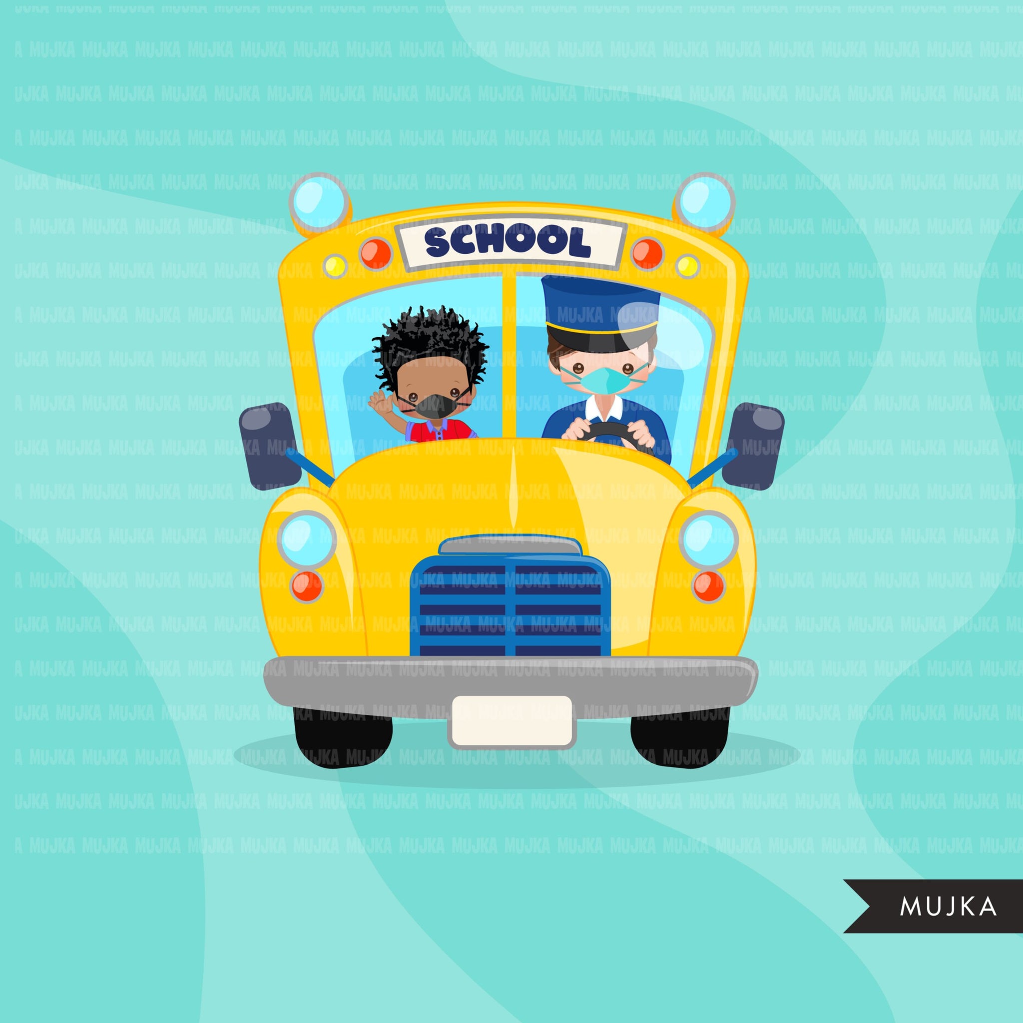 Back to school Clipart, school bus clip art, students, boy, girl with face mask, bus driver, education sublimation graphics, PNG clip art