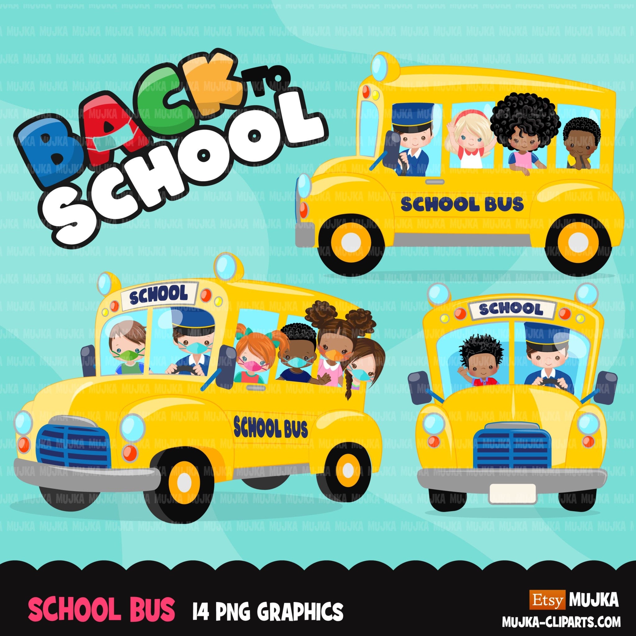 Back to school Clipart, school bus clip art, students, boy, girl with face mask, bus driver, education sublimation graphics, PNG clip art