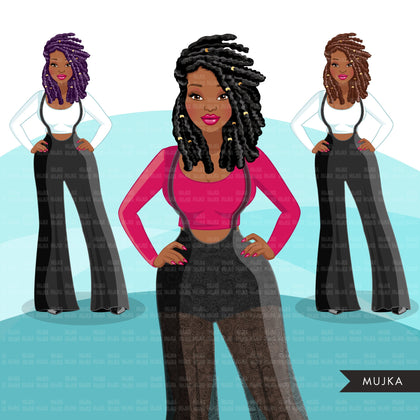 Fashion Graphics, Black Woman jumpsuit, side braids, Sublimation designs for Cricut & Cameo, commercial use PNG clipart