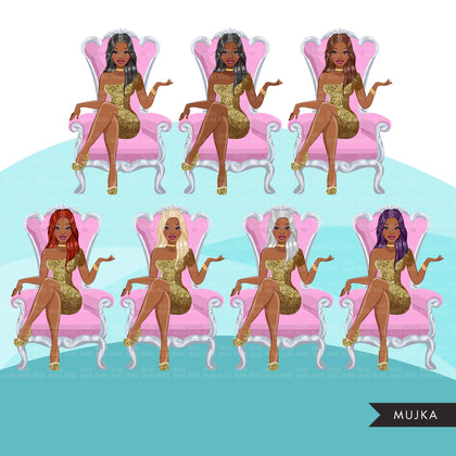 Fashion Graphics, Black Woman, long hair, pink throne, gold glitter, Sublimation designs for Cricut & Cameo, commercial use PNG clipart