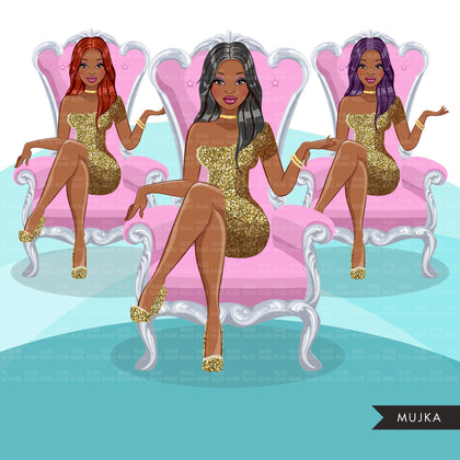 Fashion Graphics, Black Woman, long hair, pink throne, gold glitter, Sublimation designs for Cricut & Cameo, commercial use PNG clipart