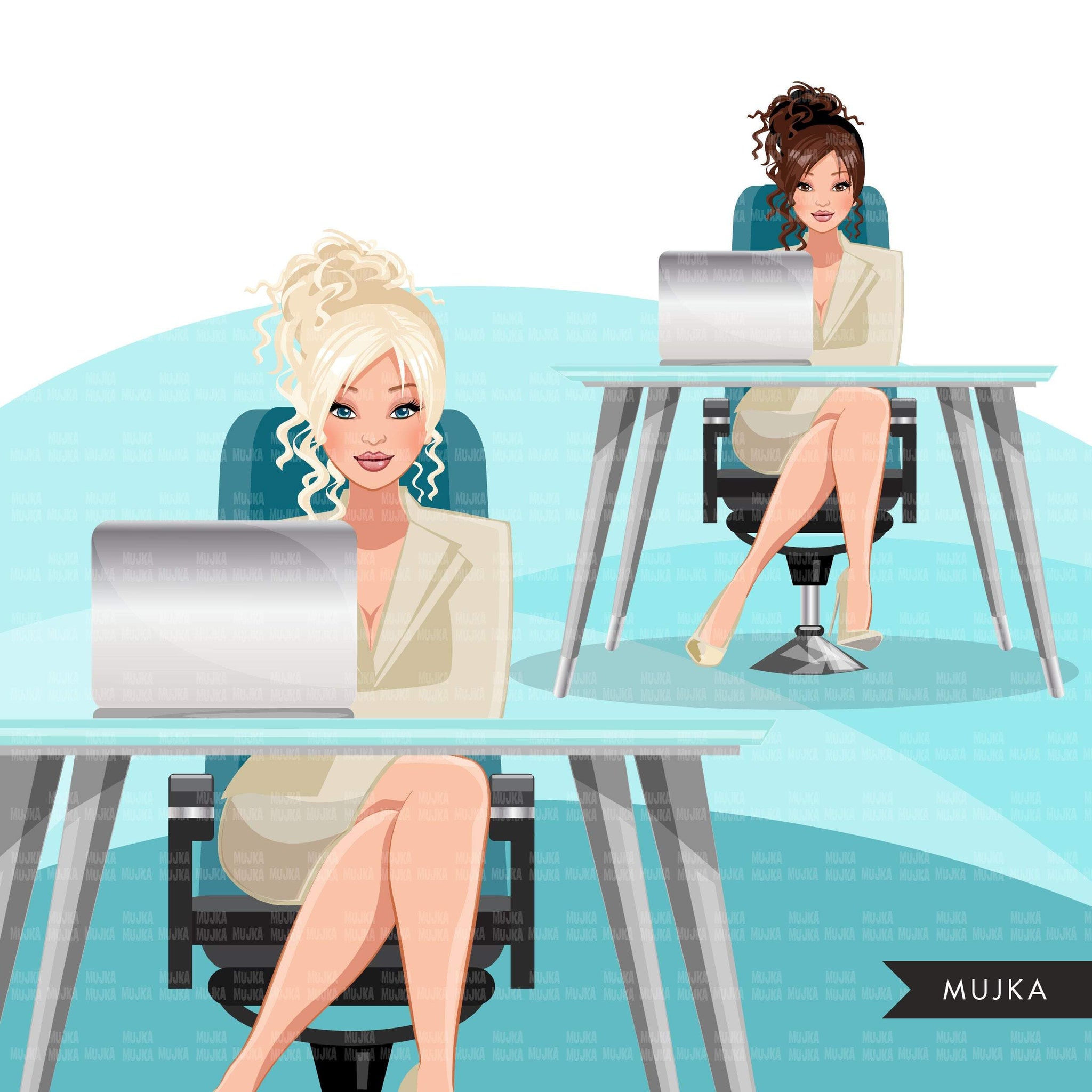 Fashion Graphics, Caucasian Business Woman with laptop, messy bun, Sublimation designs for Cricut & Cameo, commercial use PNG clipart