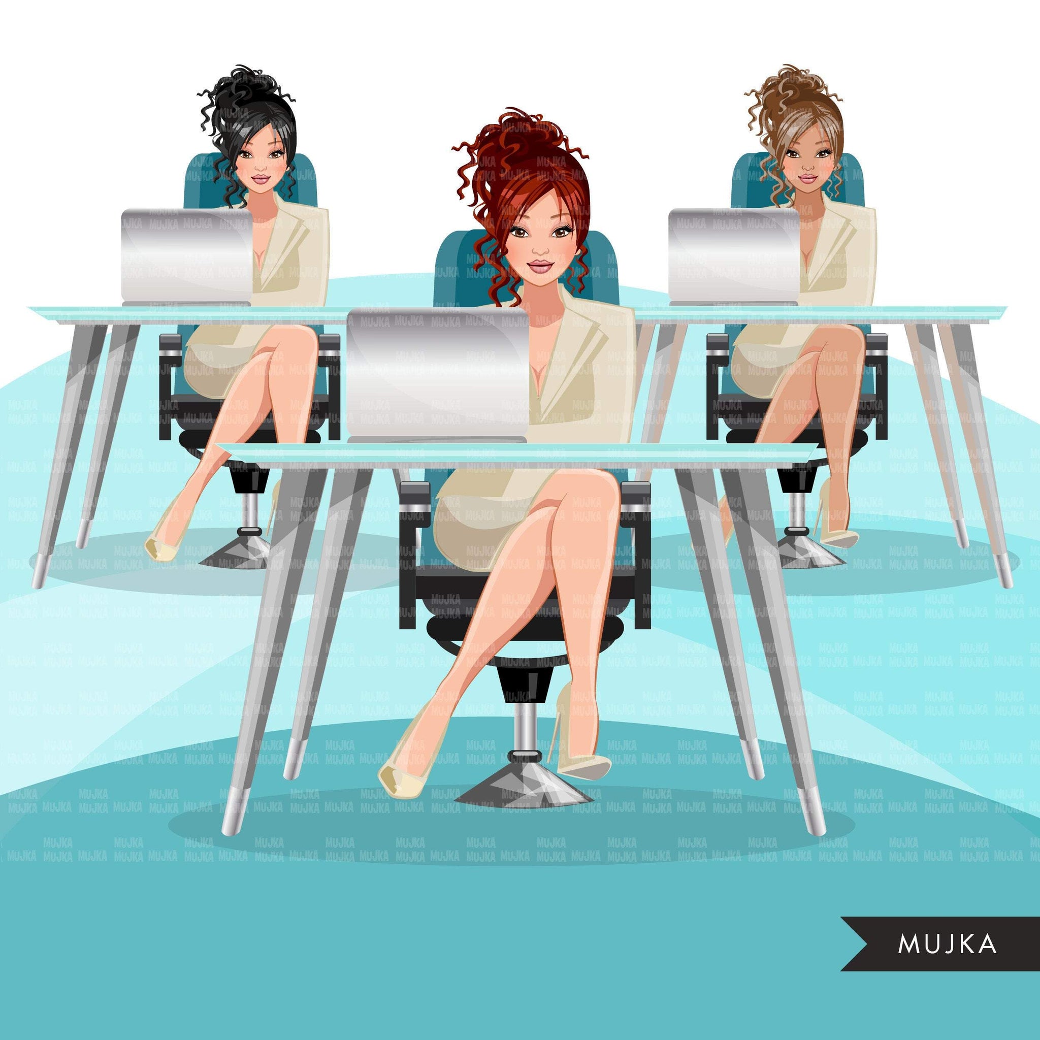 Fashion Graphics, Caucasian Business Woman with laptop, messy bun, Sublimation designs for Cricut & Cameo, commercial use PNG clipart