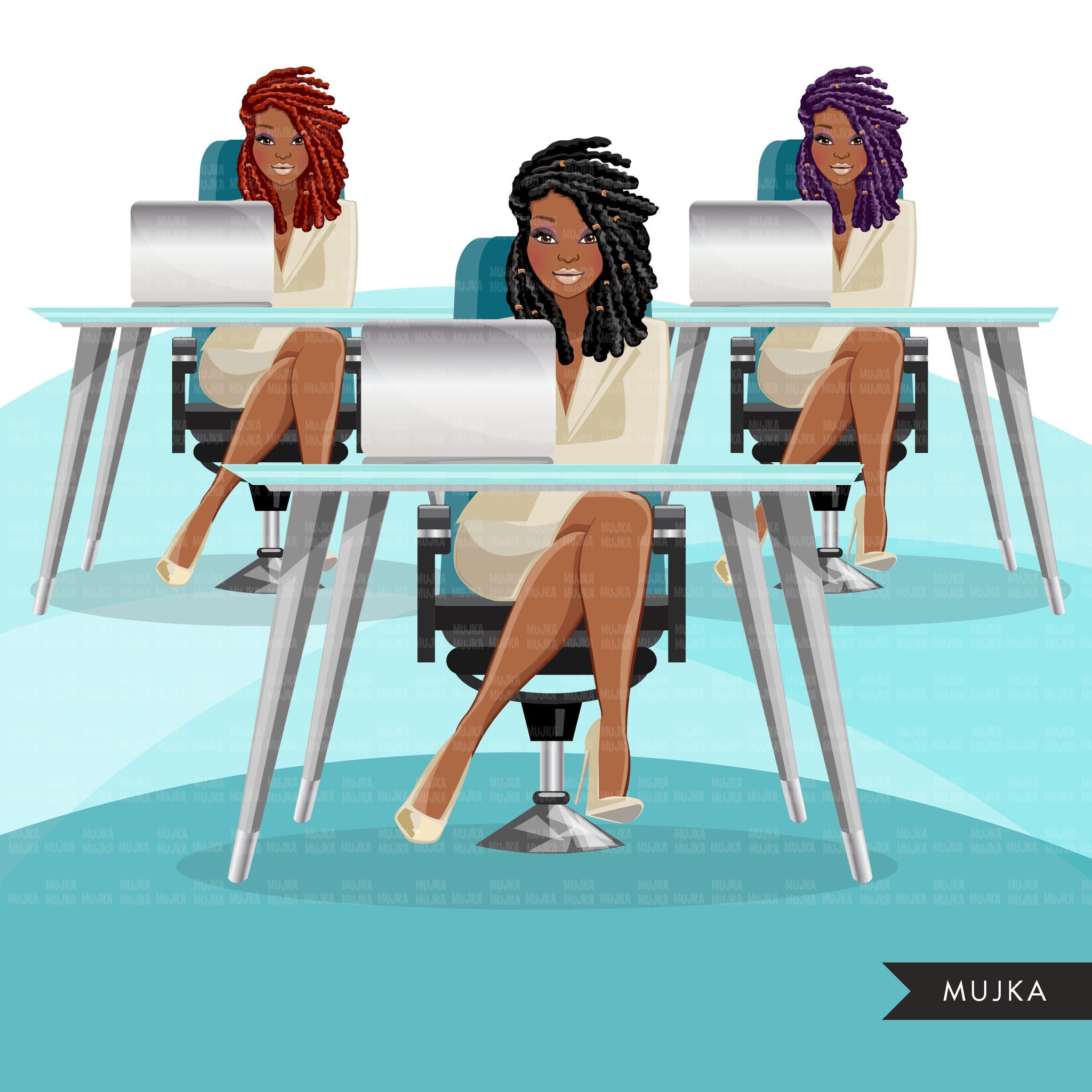 Fashion Graphics, Black Business Woman with laptop, braids, afro Sublimation designs for Cricut & Cameo, commercial use PNG clipart