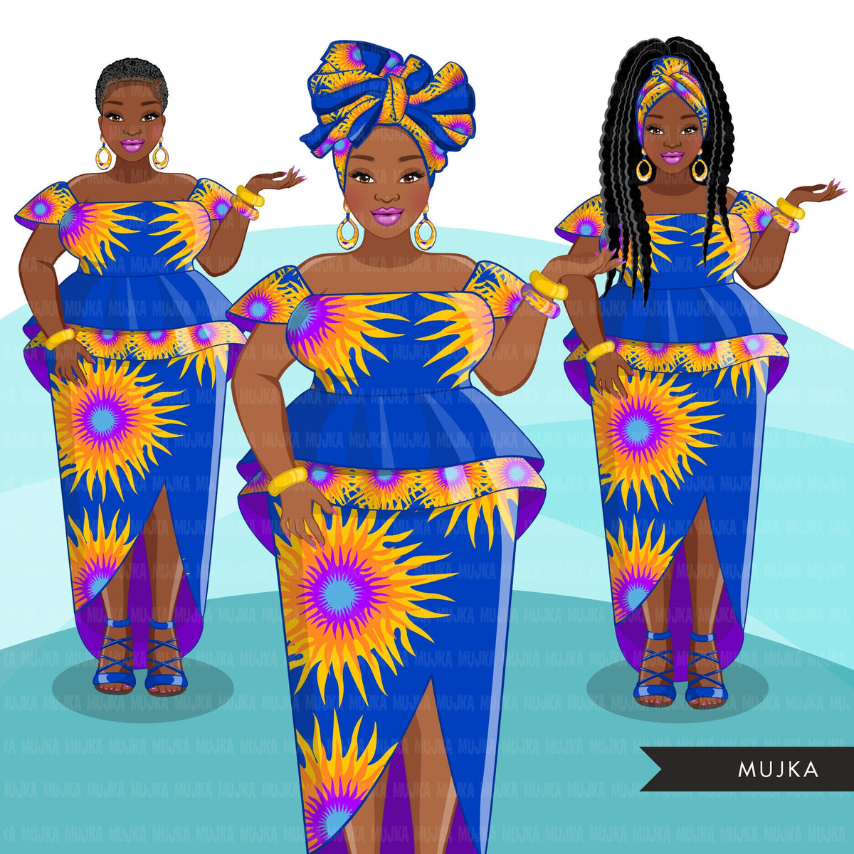 Ankara Fashion Graphics, blue and yellow African dress, curvy black wo ...