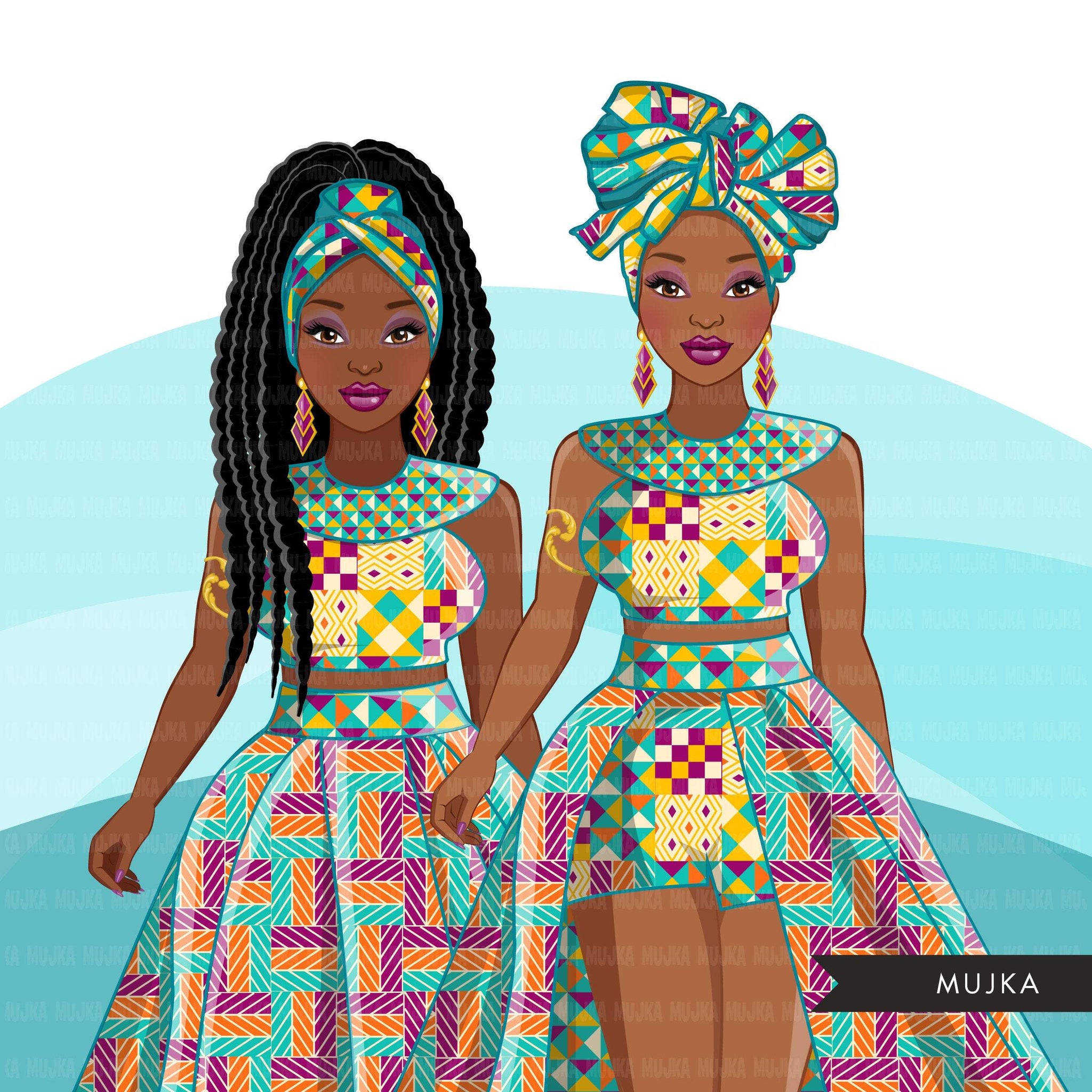Ankara Fashion Graphics, geometric African dress, head wrap, black woman Sublimation designs for Cricut & Cameo, commercial use PNG clipart