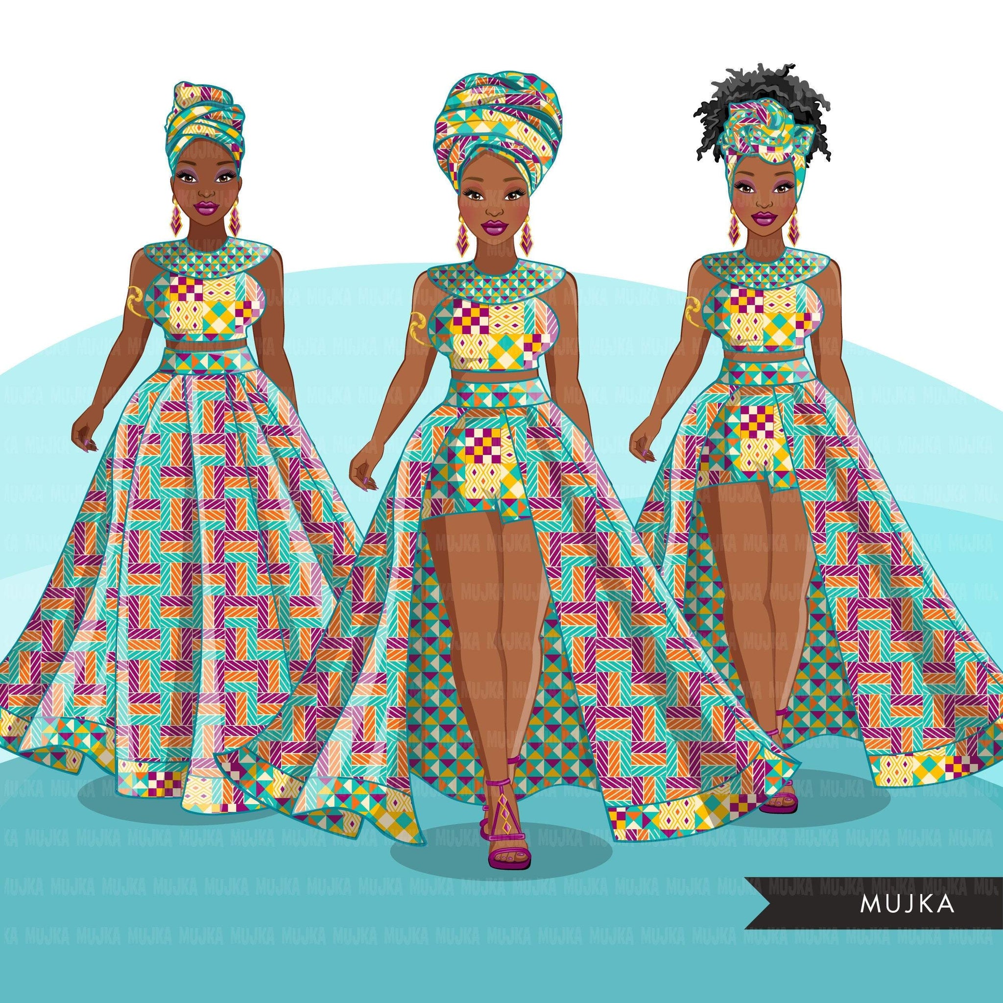Ankara Fashion Graphics, geometric African dress, head wrap, black wom MUJKA CLIPARTS Ankara Fashion Graphics, geometric African dress, head wrap, black wom MUJKA CLIPARTS