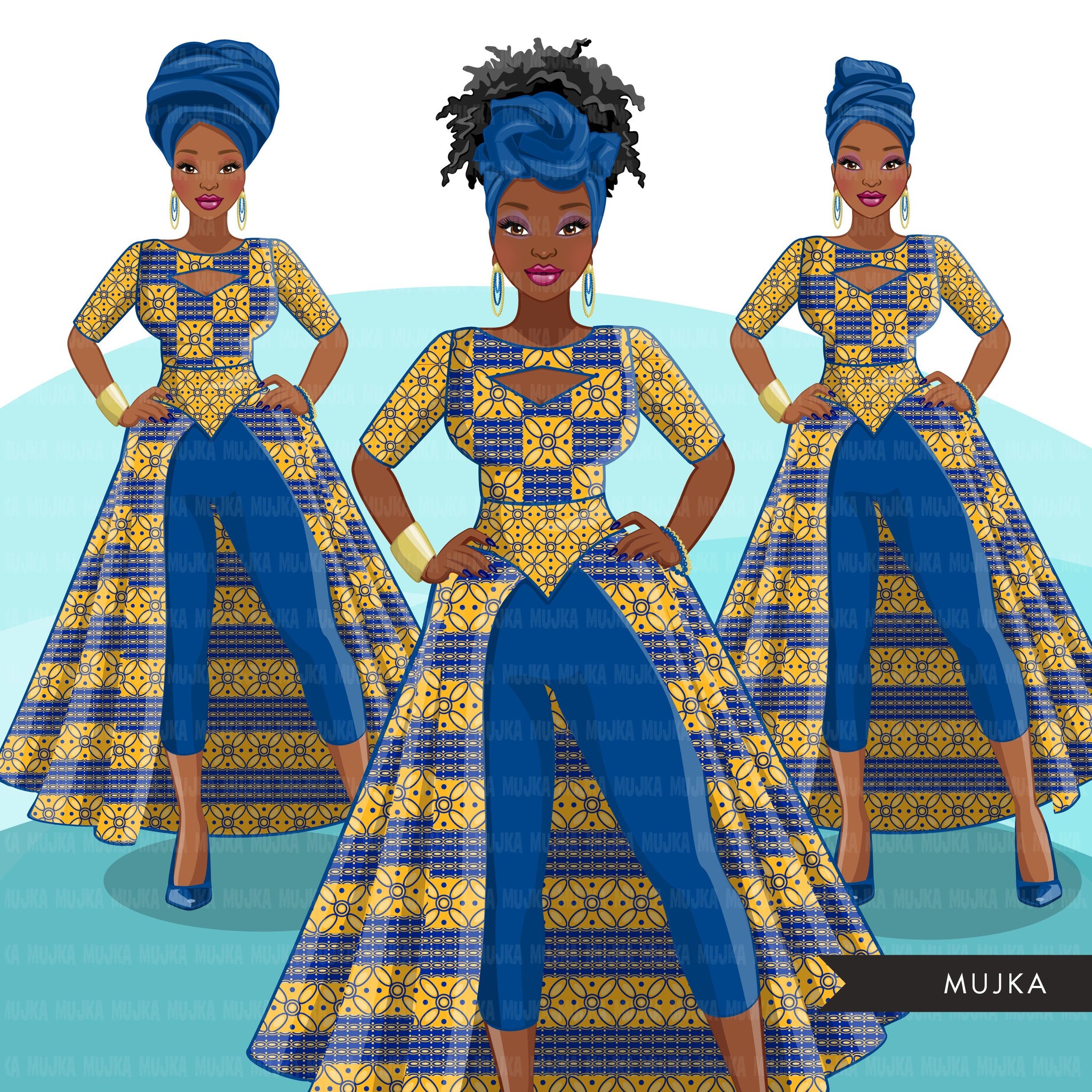Ankara Fashion Graphics, royal blue gold, African dress, black woman S MUJKA CLIPARTS Ankara Fashion Graphics, royal blue gold, African dress, black woman S MUJKA CLIPARTS