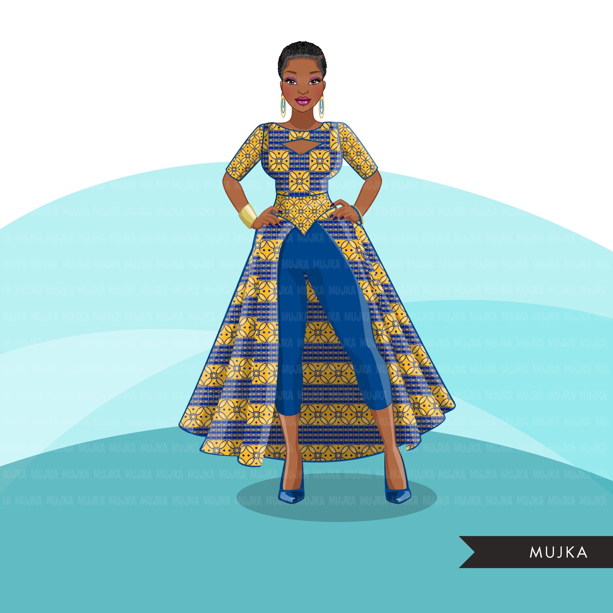 Ankara Fashion Graphics, royal blue gold, African dress, black woman S MUJKA CLIPARTS Ankara Fashion Graphics, royal blue gold, African dress, black woman S MUJKA CLIPARTS