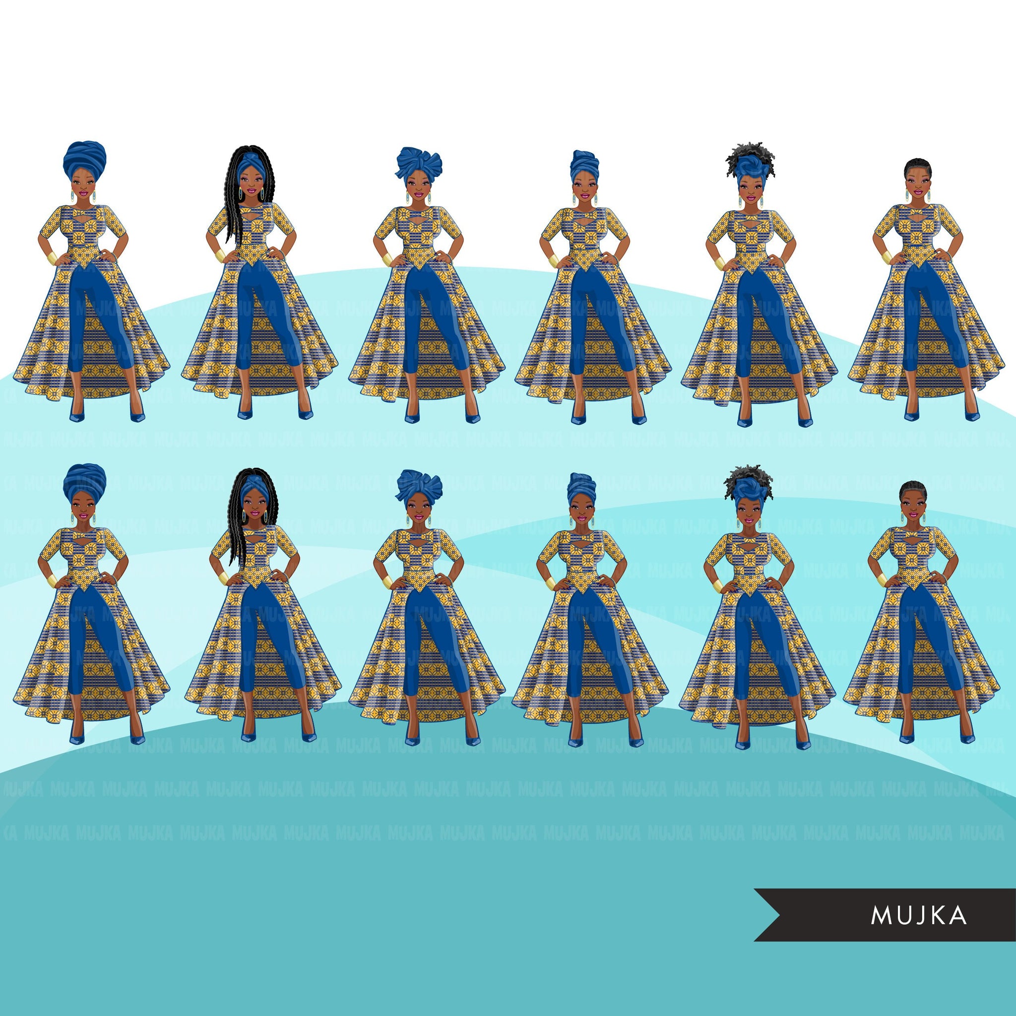 Ankara Fashion Graphics, royal blue gold, African dress, black woman S MUJKA CLIPARTS Ankara Fashion Graphics, royal blue gold, African dress, black woman S MUJKA CLIPARTS