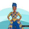 Ankara Fashion Graphics, royal blue gold, African dress, black woman Sublimation designs for Cricut & Cameo, commercial use PNG clipart