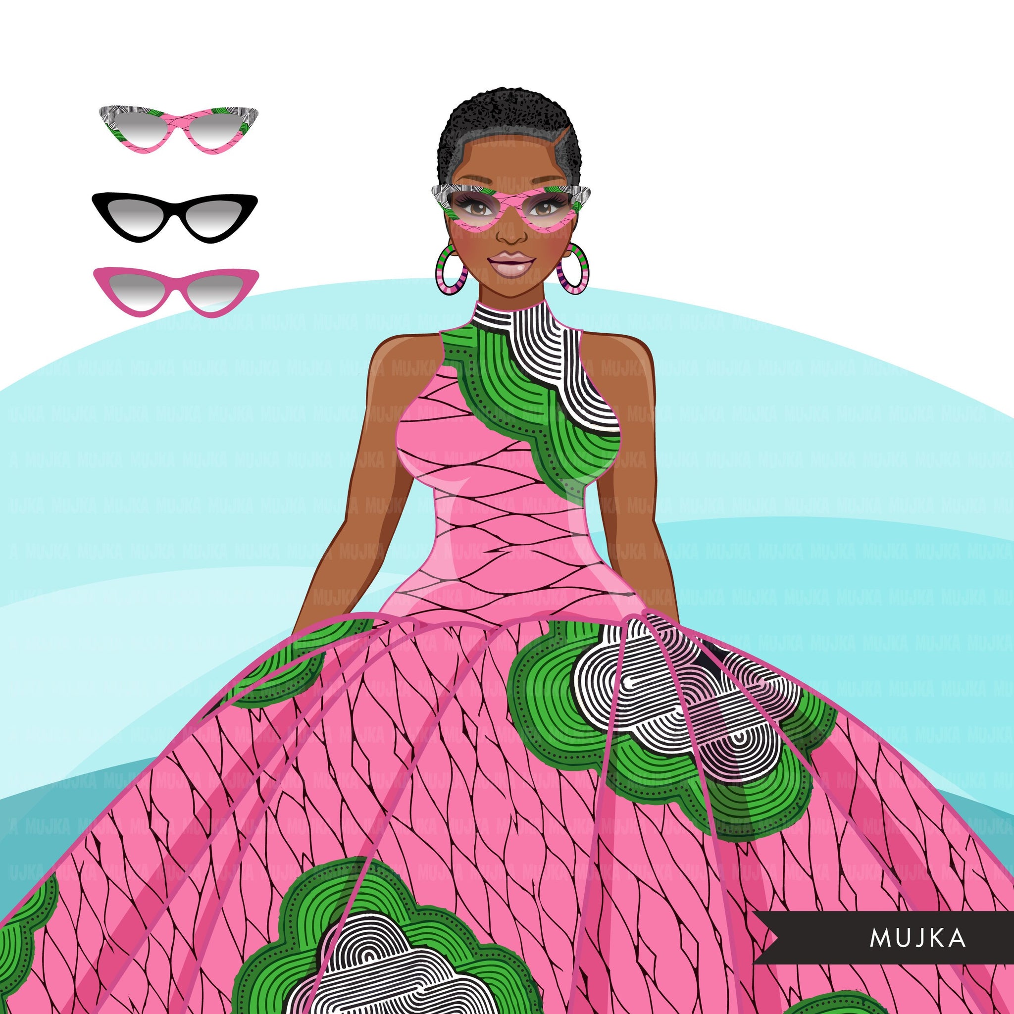 Ankara Fashion Graphics, pink and green Kente African dress, black wom – MUJKA CLIPARTS