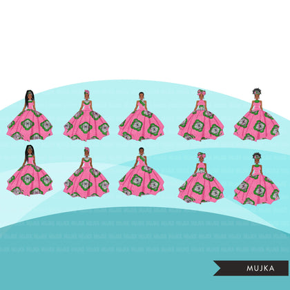 Ankara Fashion Graphics, pink and green Kente African dress, black woman Sublimation designs for Cricut & Cameo, commercial use PNG clipart