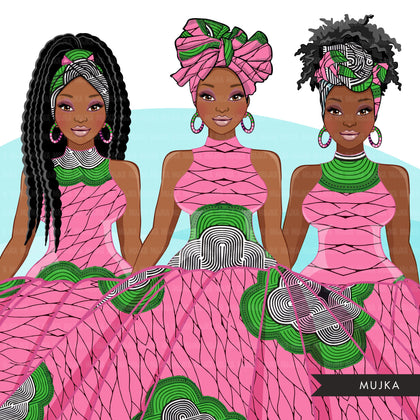 Ankara Fashion Graphics, pink and green Kente African dress, black woman Sublimation designs for Cricut & Cameo, commercial use PNG clipart