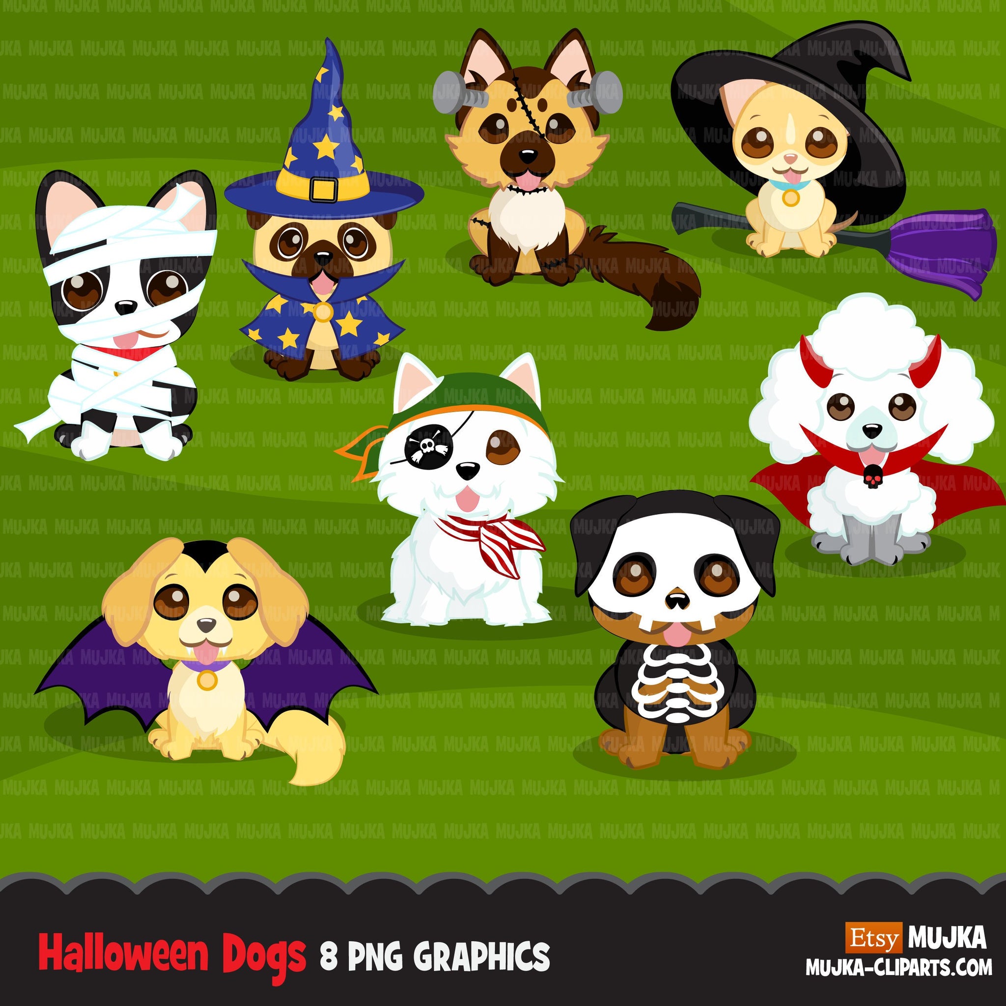 Halloween dogs clipart, terrier, shepherd, pug, trick or treat animal graphics, commercial use Sublimation digital PNG clip art