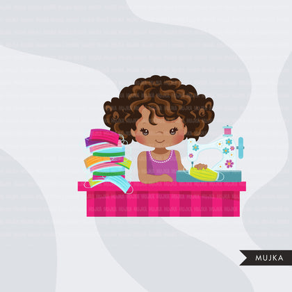 Face mask sewing clipart, black girl seamstress, tailor graphics, sewing, crafting  sublimation graphics, PNG clip art