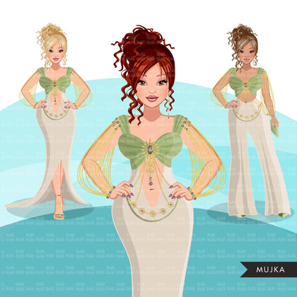 Fashion Graphics, Caucasian Woman Green Cocktail dress, messy bun, Sublimation designs for Cricut & Cameo, commercial use PNG clipart