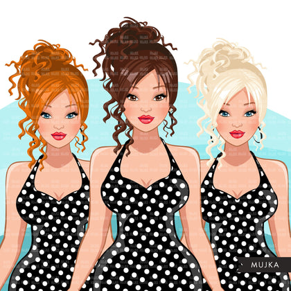 Fashion Graphics, Caucasian Woman shopping, polka dot dress, messy bun, Sublimation designs for Cricut & Cameo, commercial use PNG clipart