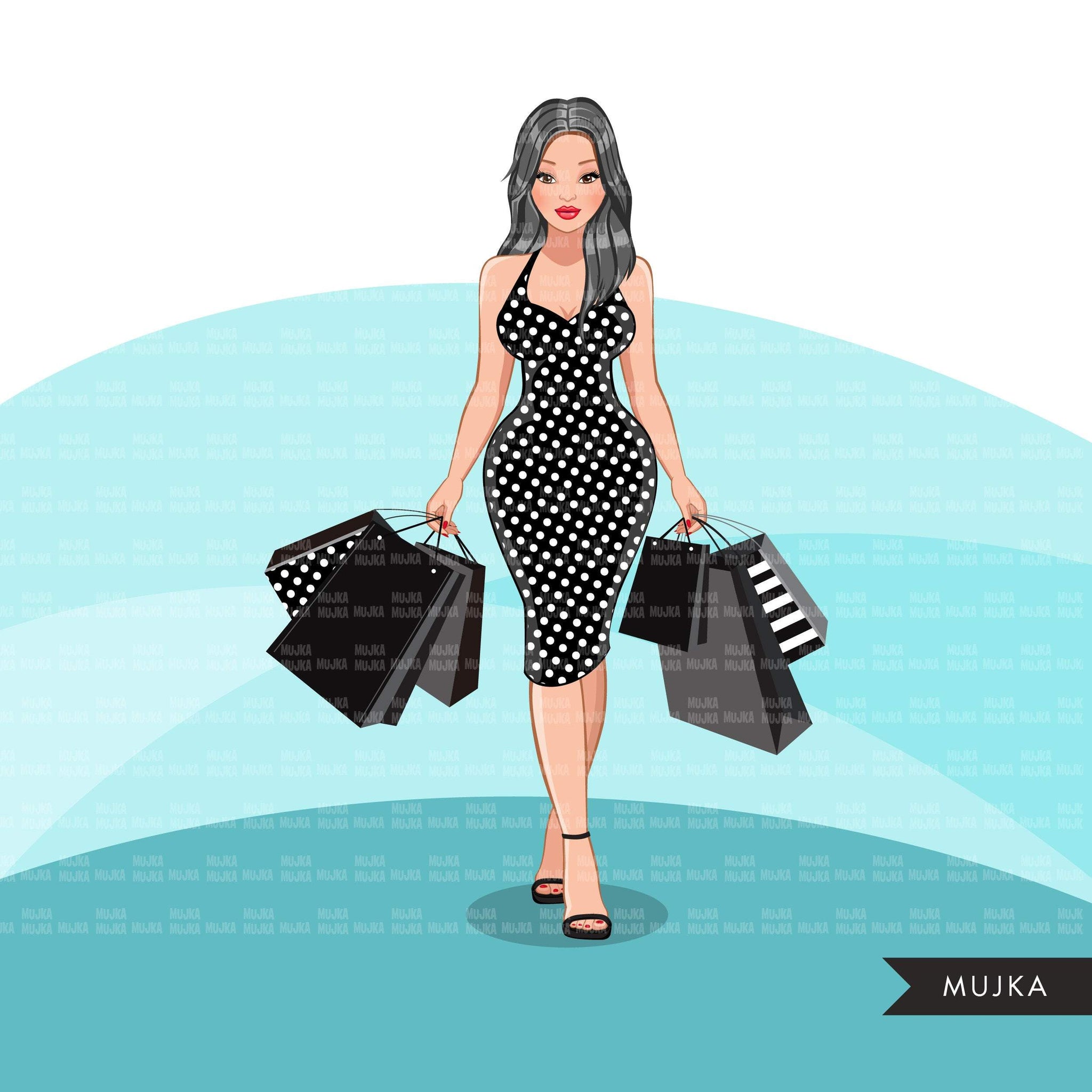 Fashion Graphics, Caucasian Woman shopping, polka dot dress, long hair, Sublimation designs for Cricut & Cameo, commercial use PNG clipart