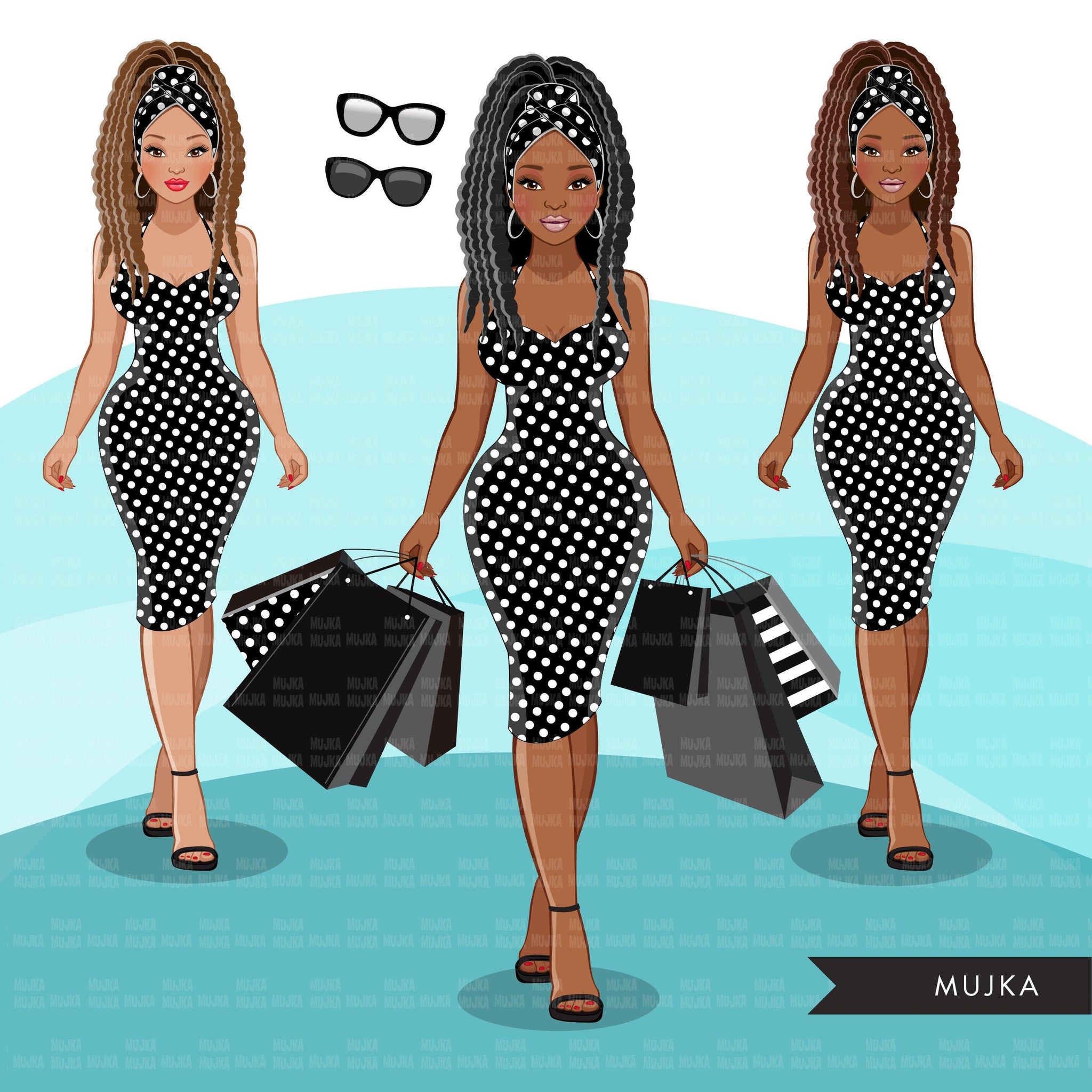 Fashion Graphics, Black Woman shopping, dreads, Sublimation designs for Cricut & Cameo, commercial use PNG clipart