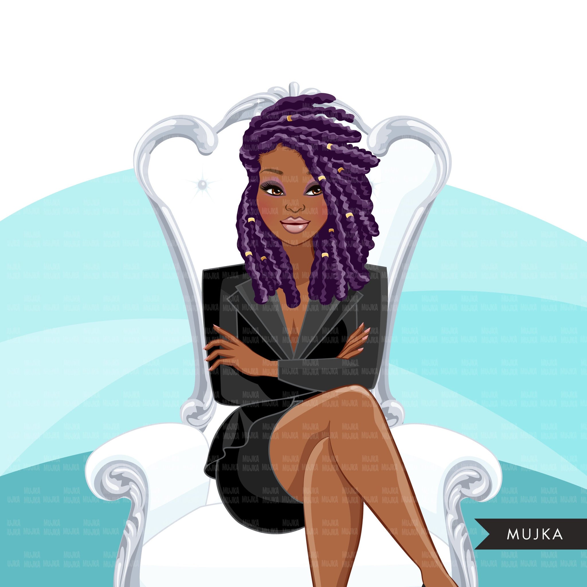 Fashion Graphics, Black BusinessWoman  white throne side braids, Sublimation designs for Cricut & Cameo, commercial use PNG clipart