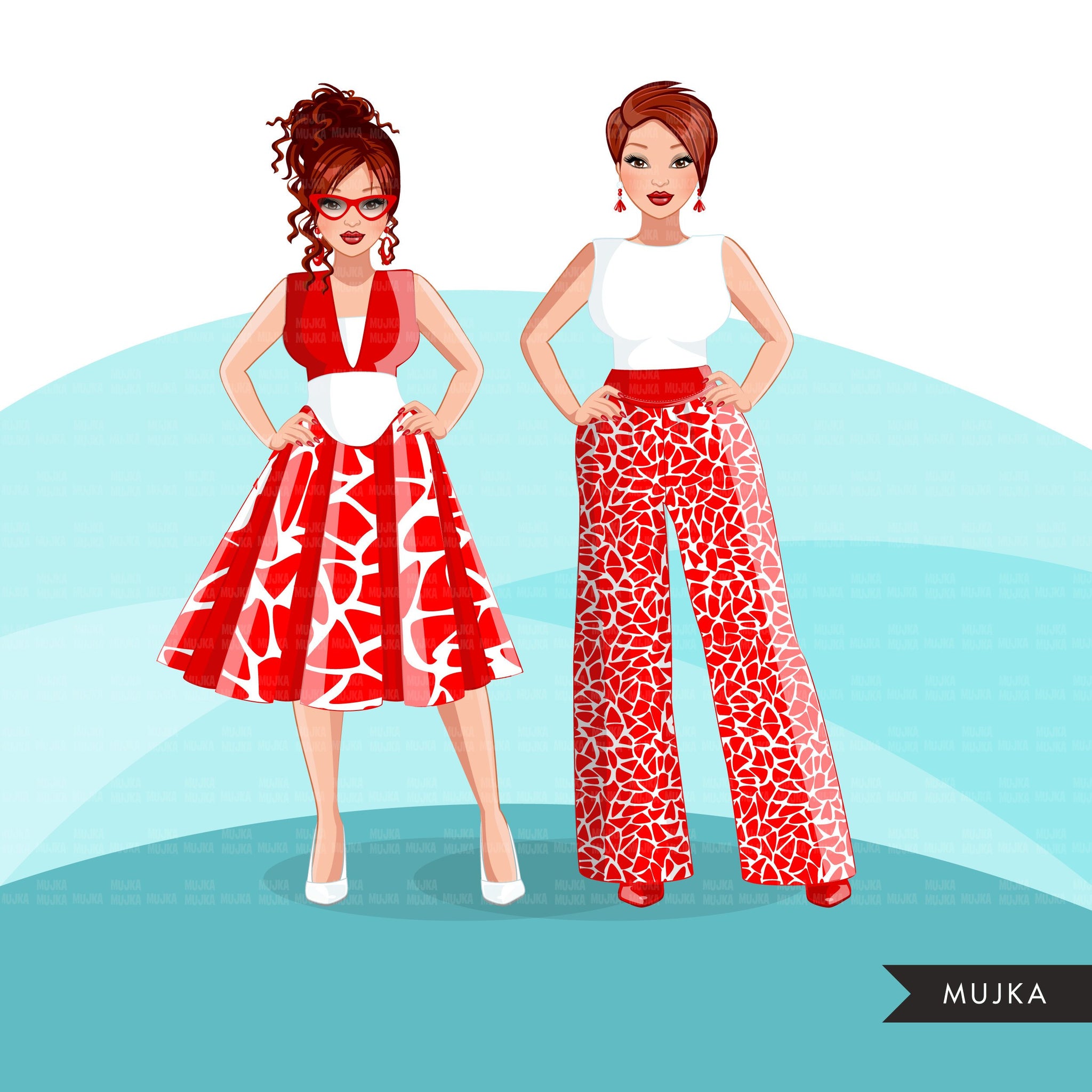 Fashion Clipart, woman white and red dress, sisters, friends, sisterhood Sublimation designs for Cricut & Cameo, commercial use PNG