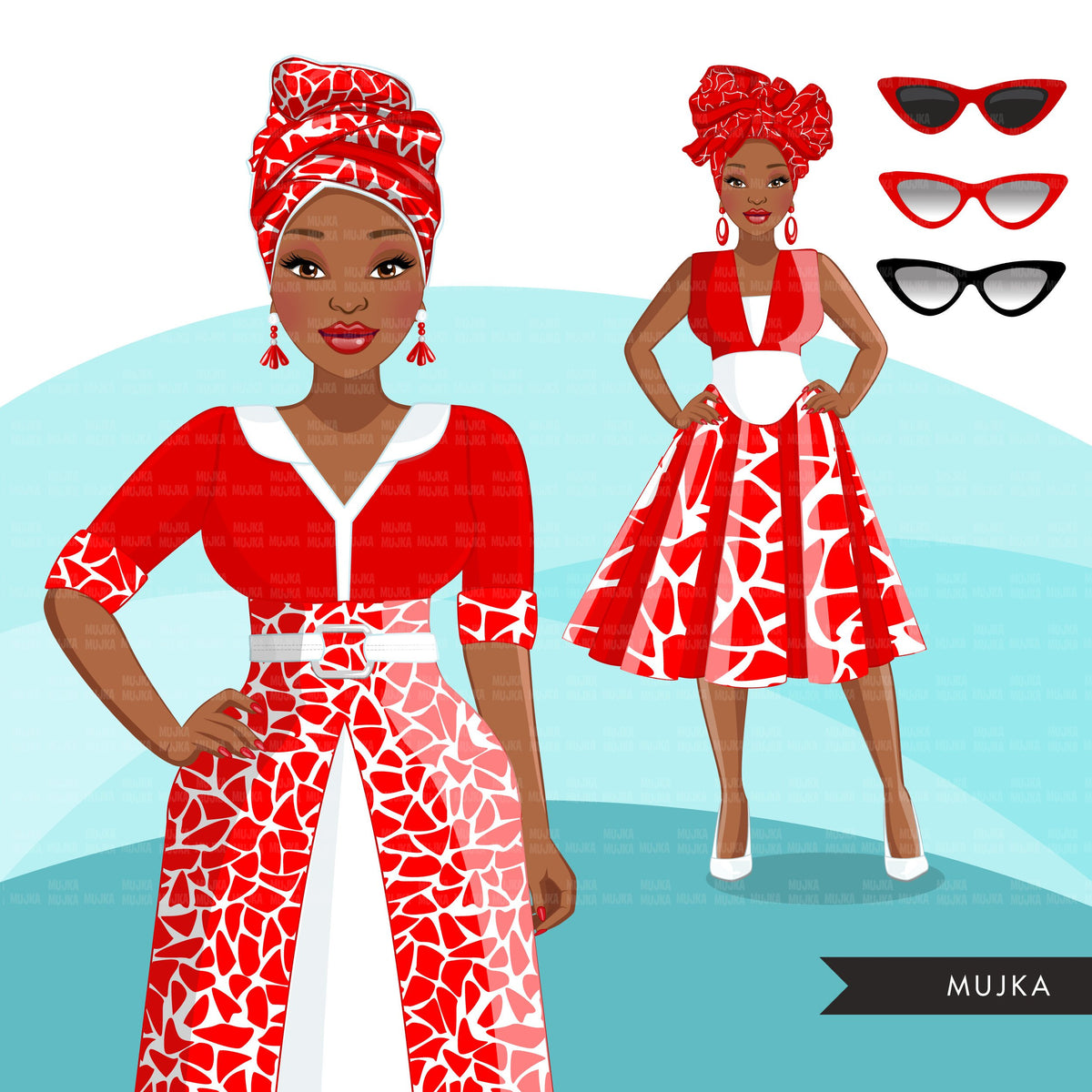 Fashion Clipart, Black woman white and red dress, sisters, friends, si ...