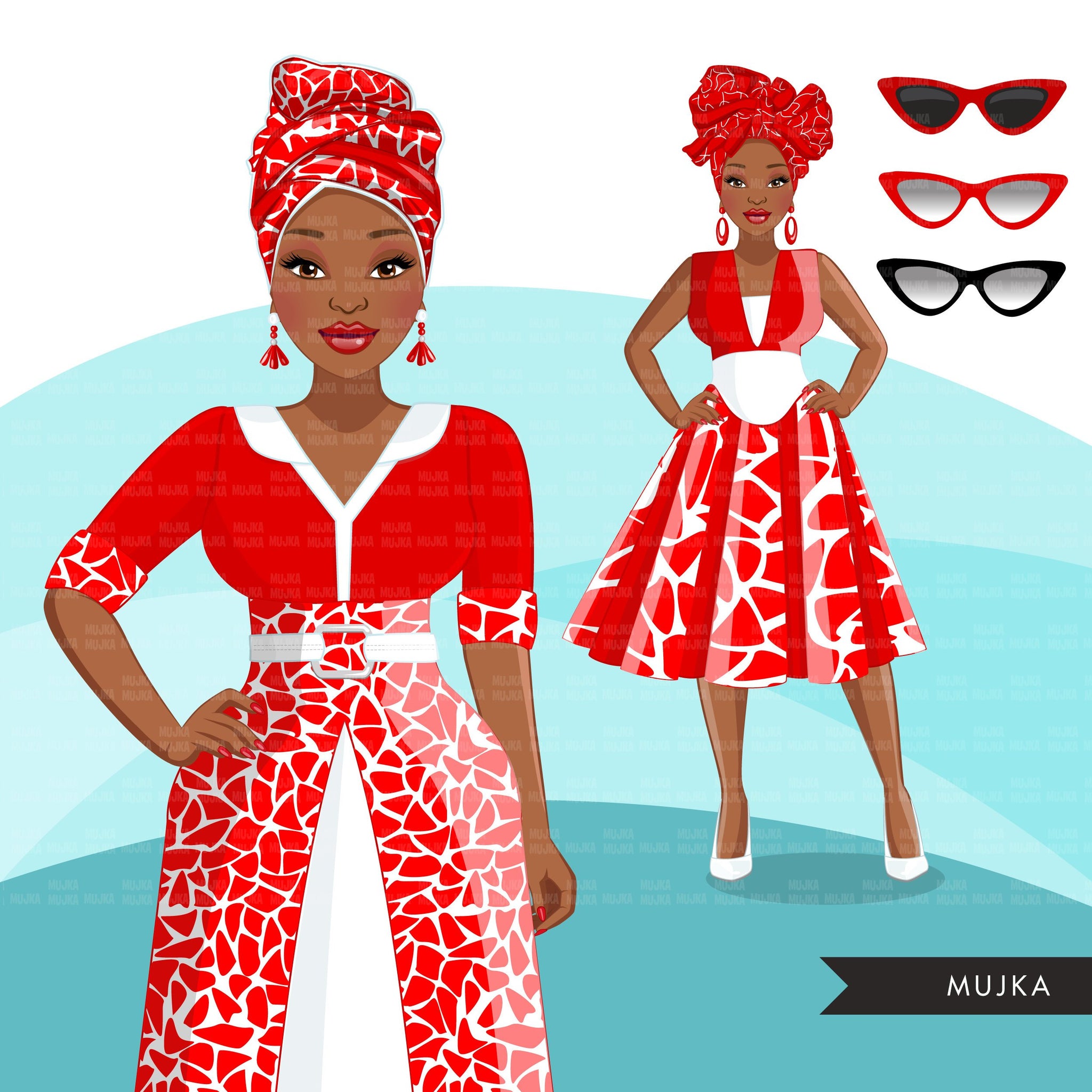 Fashion Clipart, Black woman white and red dress, sisters, friends, sisterhood Sublimation designs for Cricut & Cameo, commercial use PNG