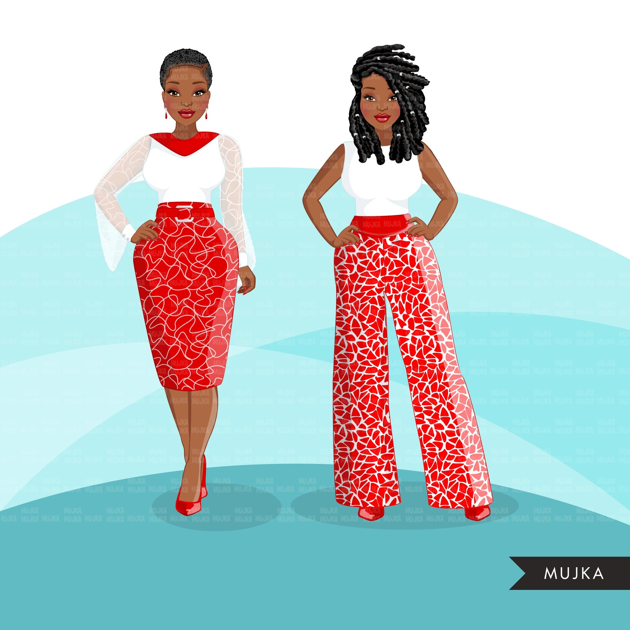 Fashion Clipart, Black woman white and red dress, sisters, friends, sisterhood Sublimation designs for Cricut & Cameo, commercial use PNG